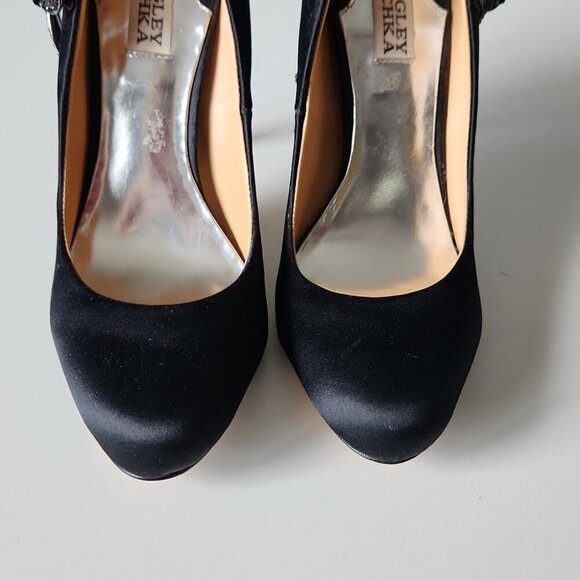 BADGLEY MISCHKA | Satin heels embellished bow crystals black sz 8 - Picture 5 of 9